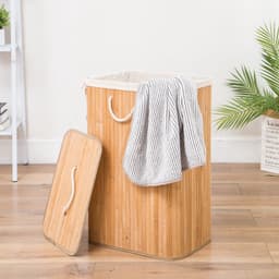 Grote Bamboe Wasmand met deksel - 80 L - Wasmand 1 Vak met stoffen waszak - Opvouwbaar - Wassorteerder - Naturel — thumbnail 2