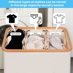 Novendo Goods - Wasmand 160L met 3 vakken - Slanke wasmand met uitneembare waszak - Was sorteerder met handgrepen voor badkamer en slaapkamer — thumbnail 4