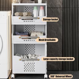 Laundry basket, plastic laundry collector, laundry trolley, laundry organiser, stackable laundry basket with wheels, laundry separator with 3 storage baskets, laundry sorting system, 41.7 x 29.7 x 89 cm — thumbnail 2