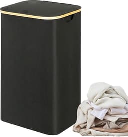 Wasmand Opbergen - Kledingmand Deksel - Huishoudelijk Gebruik - Opvouwbaar Met Zak - 73x40.5x33.5 cm - Zwart — thumbnail 1