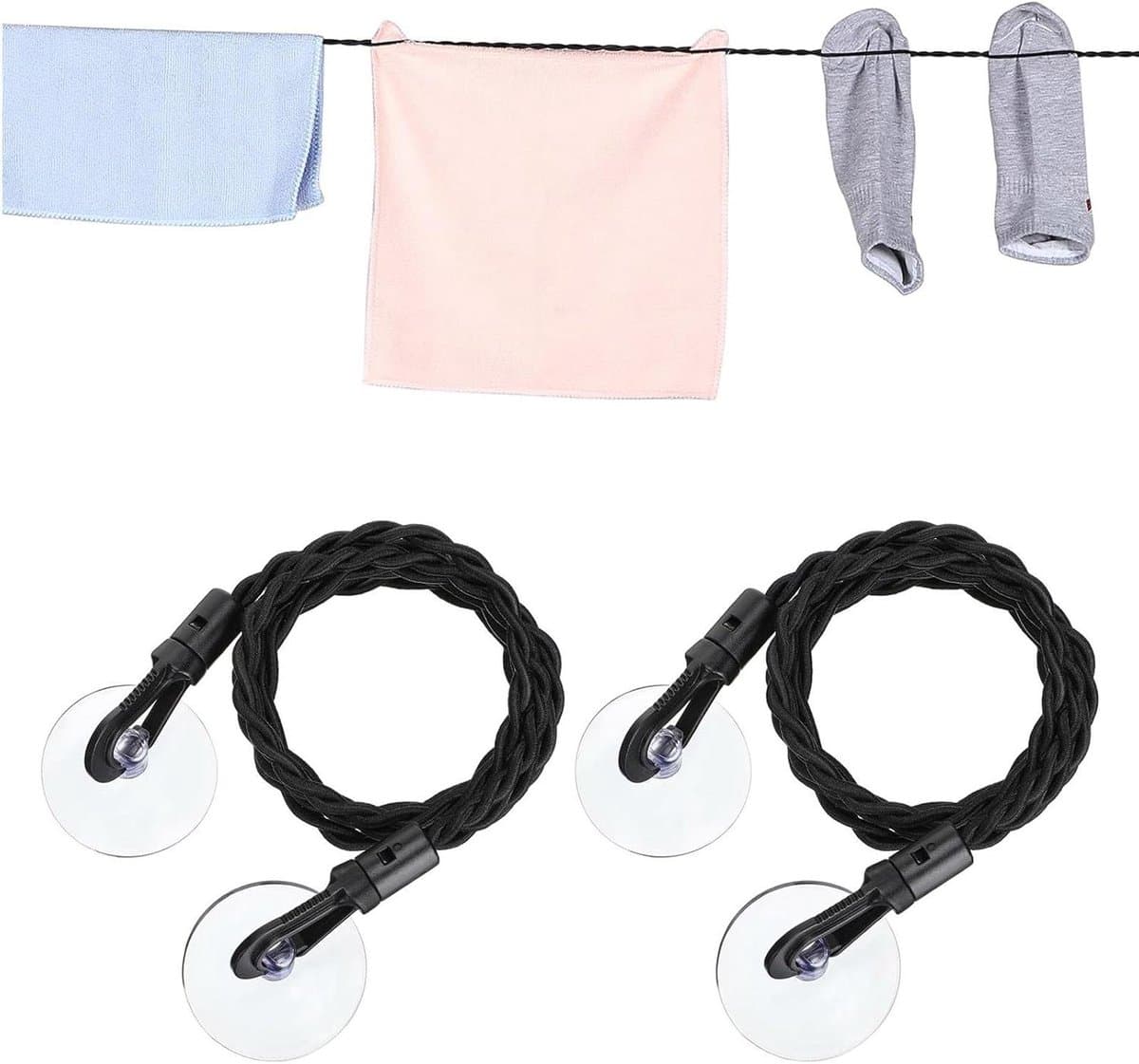Reis waslijn - Draagbare waslijn Outdoor waslijn - Kleding drogen - Met zuignappen en haken - 2.8 meter - Zwart — afbeelding 1