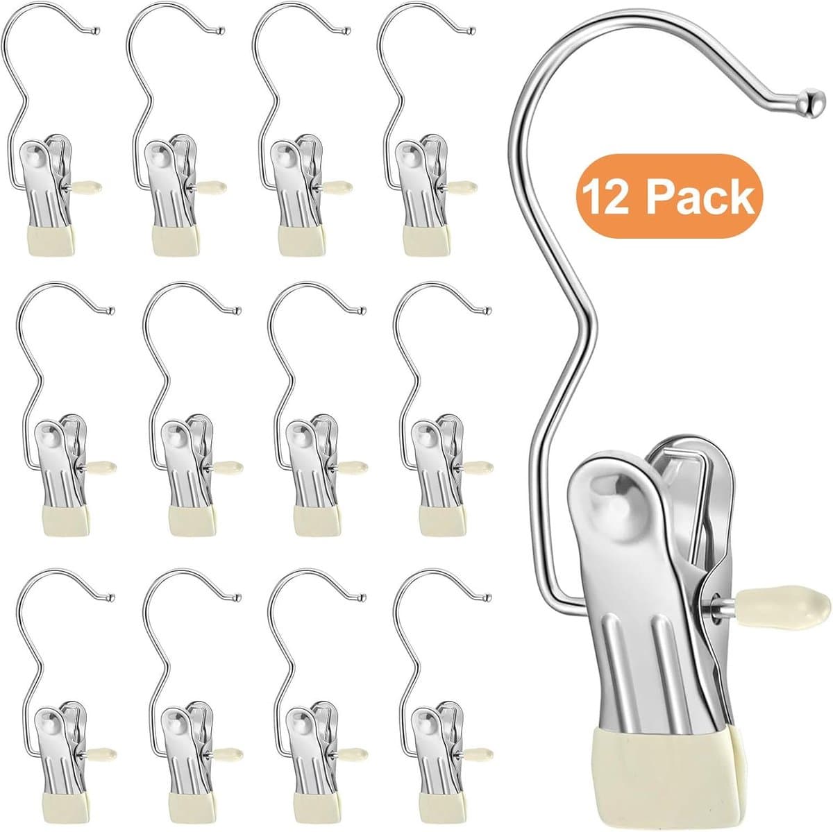 12 stuks roestvrijstalen schoenhangers, stevige wasknijpers voor in de kast, om sokken, broeken, handtassen, handdoeken en hoeden op te hangen. Draagbare cliphangers voor op reis en om spullen op te bergen. Beige. — afbeelding 1