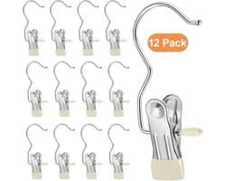 12 stuks roestvrijstalen schoenhangers, stevige wasknijpers voor in de kast, om sokken, broeken, handtassen, handdoeken en hoeden op te hangen. Draagbare cliphangers voor op reis en om spullen op te bergen. Beige.
