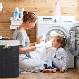 wasmand bamboe - 46 l - ovaal - opvouwbaar - met deksel en waszak — thumbnail 4