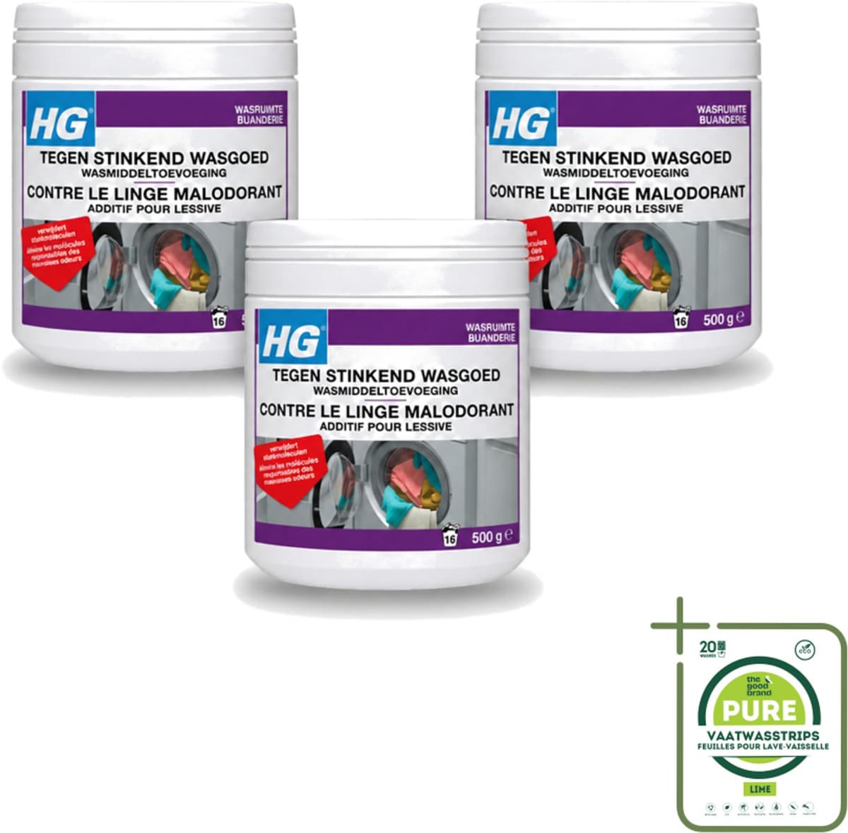3 x HG - Wasruimte - Tegen Stinkend Wasgoed - Wasmiddeltoevoeging - 500 g - Grootverpakking - Vaatwasstrips - Wasmiddel Tegen Stank - Stinkend Wasgoed - Wasmiddel Toevoeging - Stankmoleculen Verwijderen - Fris Wasgoed — afbeelding 1