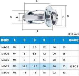 15 Stuks M6x25 mm Bloembladmoeren Expansiemoeren, Jack Nuts Petal Nuts, voor Holle Wanden, Reclameborden, Karton — thumbnail 4