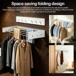 Waslijn Van 80 Cm Voor Wandmontage Met 6 Haken Aluminium Waslijn Voor Balkon Badkamer Of Radiator Onzichtbaar En Ruimtebesparend Draagvermogen Tot 30 Kg wit — thumbnail 4