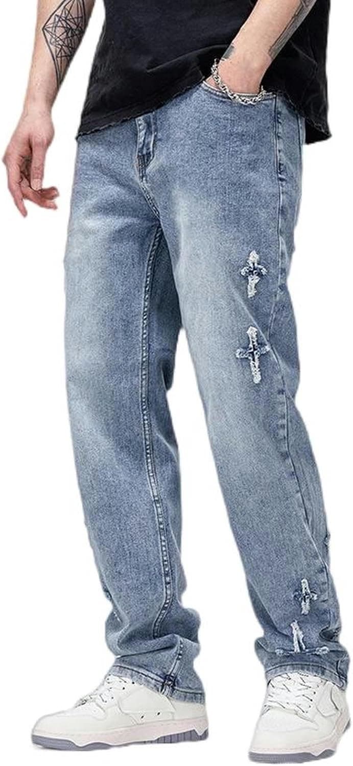Washed Cross Jeans Casual Wijde Pijpen Dweilbroek Heren Losse Broek Heren en Dames - Lichtblauw - XXL — afbeelding 1