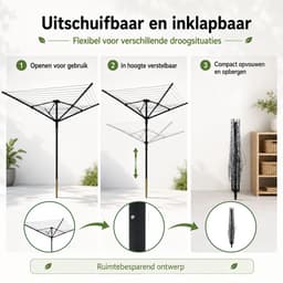 Wishdor Droogmolen 50 meter - 360 graden draaibaar - Met metalen grondpen en beschermhoes - In hoogte verstelbaar - Voor tuin en buiten - Metaal - Zwart - 182 x 165 x 215 cm — thumbnail 5