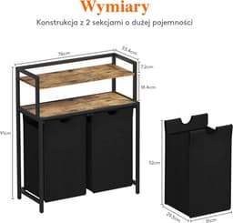 Dubbele Wasmand Opbergrek 95L - Uittrekbare Wasmand met Grote Plank - Wassorteerder voor Wasruimte Slaapkamer - Zwart wassorteerder — thumbnail 4