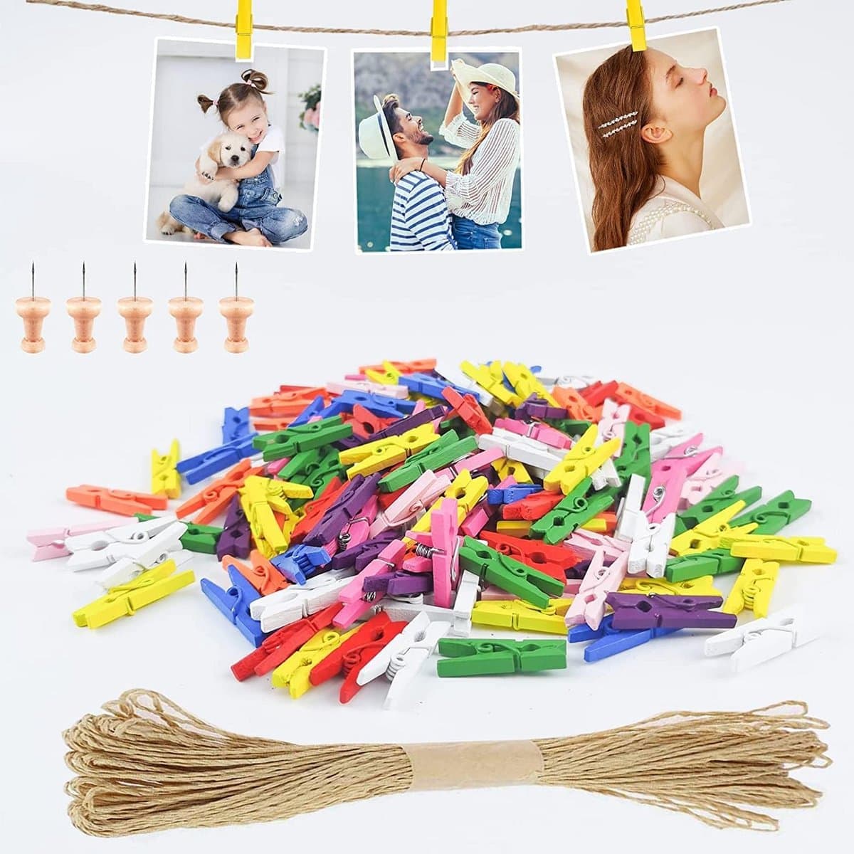 156 Stuks Mini Wasknijpers en Jute Touw voor Fotowanden en Decoraties — afbeelding 1