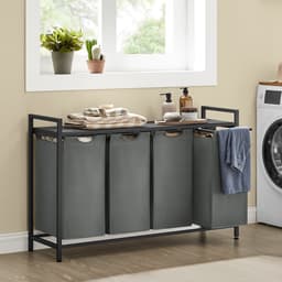 Wasmand 4-vaks sorteermand 116×33×72 cm Zwart-grijs Met uittrekbare en afneembare waszakken Lattenrek voor ventilatie Stevig metalen frame Geschikt voor wasruimte, badkamer en slaapkamer — thumbnail 3