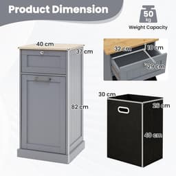 GIANTEX Waskast met lade en uittrekbare wasmand, houten kast voor vuile kleding, 40 x 37 x 82 cm, opbergmeubel voor badkamer, waskeuken (grijs) — thumbnail 5