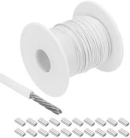 Cosensi - Metalen kabel van roestvrij staal 304 197 ft (60 m) - 3/64 inch (1 mm) met vinylcoating - inclusief 20 aluminium hulzen - voor wasrek en optillen - wit — thumbnail 1