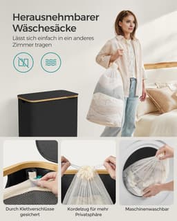 SONGMICS Wasmand met deksel - wasmand met 2 compartimenten - 130 liter - uitneembare waszak - Oxford-stof - bamboe handgrepen - opvouwbaar - 52 x 38,5 x 70,5 cm - inktzwart — thumbnail 5