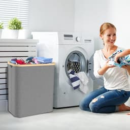 140 liter, vuile wasmand met deksel, houten handgreep, 3 sorteervakken en wasbare opvouwbare waszak voor badkamer, slaapkamer, kinderkamer of woonkamer, grijs — thumbnail 2