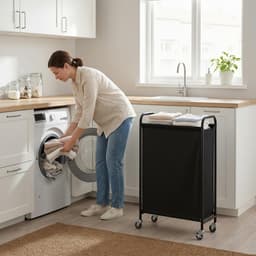 SAYS 80L slanke wasmand met wielen, stoffen rollende wasmand, smalle kledingorganizer, hoge mand voor kast, wasruimte, badkamer, zwart — thumbnail 4