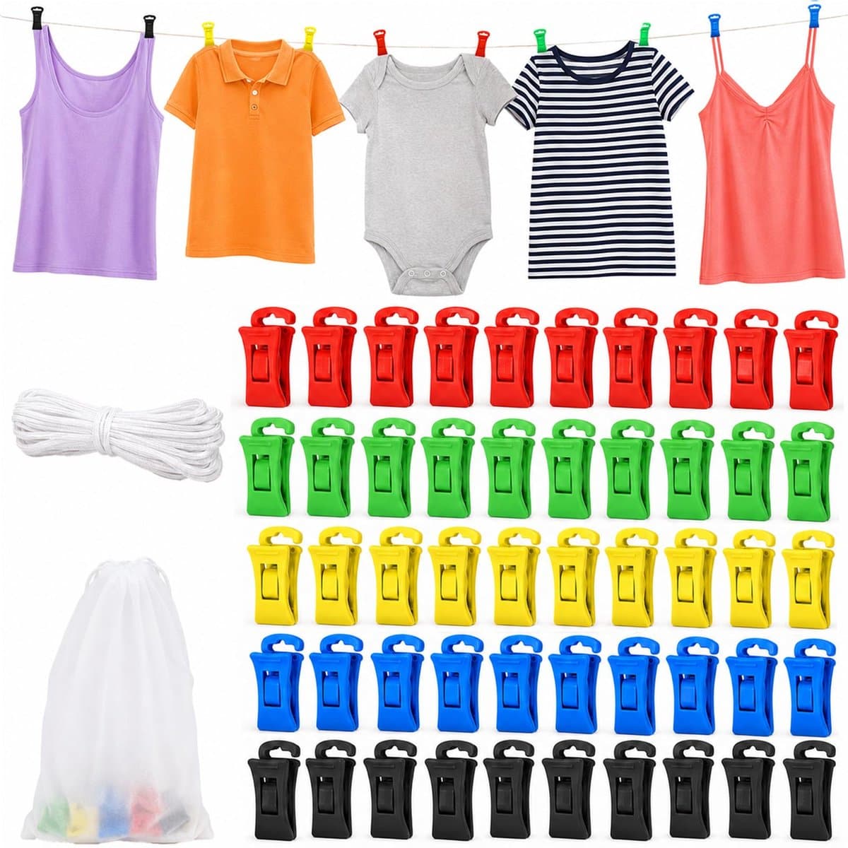 SnelShoppen - Set van 50 gekleurde sokkenklemmen met opbergtas en waslijn, perfect voor sokkenclips, sorteren en organiseren in de wasmachine en droge — afbeelding 1