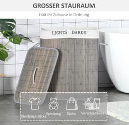 MEUNIQ wasmand 100L met 2 vakken, bamboe wassorteerder met deksel en handgrepen, uitneembare wasbare waszak, opvouwbaar, 52 x 32 x 63 cm, grijs — thumbnail 3