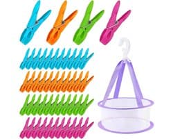 Wasknijpers met Mand, Windbestendige Kleurrijke Wasknijpers Zonder Afdruk, Wasknijper Zonder Afdruk, Windbestendige Kunststof Wasknijper, Antislip, voor Waslijnen en Kleding, Sokken