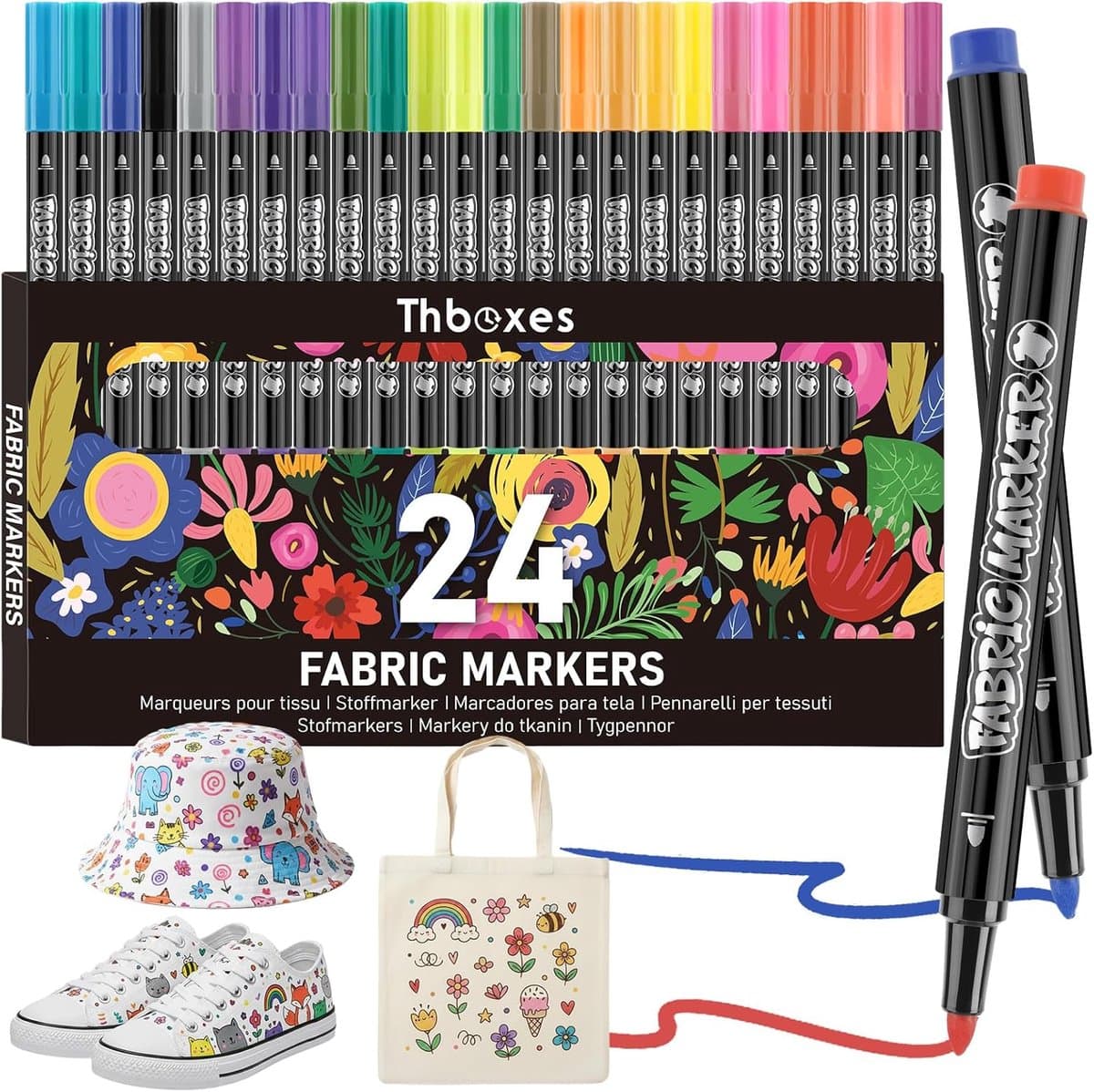 24 textielstiften, wasmachinebestendig, permanente textielverf, textielstiften voor T-shirts, stoffen tassen, textiel, canvas, schoenen, hoeden, textielmarkers, kinderen, volwassenen — afbeelding 1