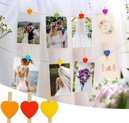 SnelShoppen - 120PCS Mini Houten Klemmen Hartvorm, Kleine Wasknijpers voor Foto's, 10M Jute Touw, Perfect voor Bruiloft, DIY Foto Wand, Feestdecoratie — thumbnail 2