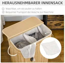 Merax Bamboe Wasmand 90L met Deksel en Handgrepen – 2 Vakken – Uitneembare Stoffen Binnenzak – Opvouwbaar – Naturel Bruin — thumbnail 5