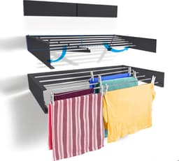 Intrekbaar wandmontage wasdroogrek voor binnen of buiten - inklapbaar opvouwbaar - ruimtebesparend compact design - 25 kg 6 m lijn capaciteit (industrieel grijs) — thumbnail 2