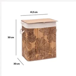 5Five Wasmand met deksel - bamboe hout - 60 Liter- naturel wit - 43 x 31 x 50 cm - Flora print — thumbnail 5