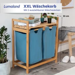 Lumaland Wasmand van bamboe - met 2 uitschuifbare waszakken - 60 L - Blauw — thumbnail 5