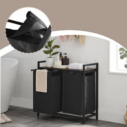 VASAGLE - Wasmand met 2 Compartimenten - 2 Uitneembare Tassen - Metalen Frame - Met Plank — thumbnail 5