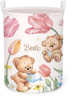 Roze teddybeer tulpenbloem kinderwasmand met deksel - ronde opbergmand voor babykamer - 36 x 45 cm — thumbnail 2