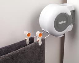 Uitklapbare waslijn voor binnen- en buiten gebruik - Dubbele waslijn met flexibele draaibare wandbevestiging, ideaal voor badkamer, camping, tuin en reizen (26 m) — thumbnail 5