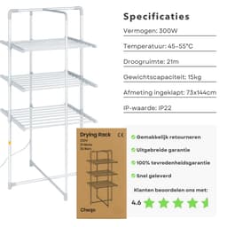 Cheqo® Elektrisch Droogrek - Droogtoren - Wastoren - 21M Droogruimte - Inklapbaar Aluminium - Verwarmd voor Badkamer - Elektrisch Wasrek - Droger — thumbnail 2