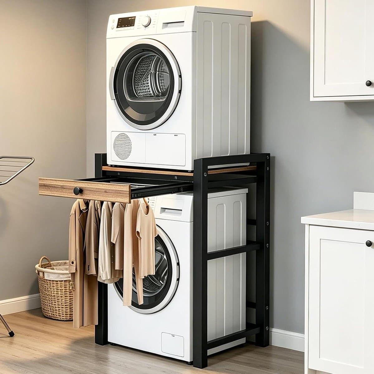 Wasmachinerek - Stapelrek Droger - Ruimte Besparen - In Hoogte Verstelbaar - 104 cm Hoog - Zwart — afbeelding 1