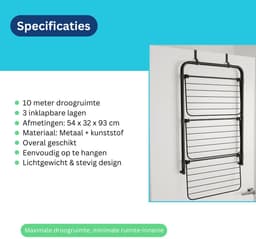 Wasophoogte® Hangend Droogrek – Deur & Muur – Balkon Droogrek – Inklapbaar 3 Lagen – 10m Droogruimte — thumbnail 3