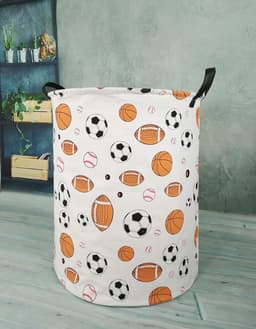 Ronde Basketbal Voetbal Wasmand Cadeau Opbergmand - Kledingopbergmand - Plankmand met Handvatten voor Kamerdecoratie (Bollen) — thumbnail 2