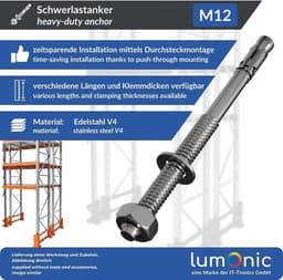 Wiganker M12 - Keilbout Betonanker - Zwaar Gebruik Bevestigen - Roestvrij Staal V4A - M12 x 180mm - Zilverkleurig — thumbnail 5