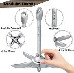 Vouwanker met Ankertouw - Klapanker Vierhaakanker - Watersport Stabiliteit - Verzinkt Gietijzer - 1.5 kg - Grijs — thumbnail 5