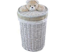 Wasmand Wilgentenen - Wasbox Rond - Kleding Opbergen - Met Pluche Beer - 60 Liter - Wit