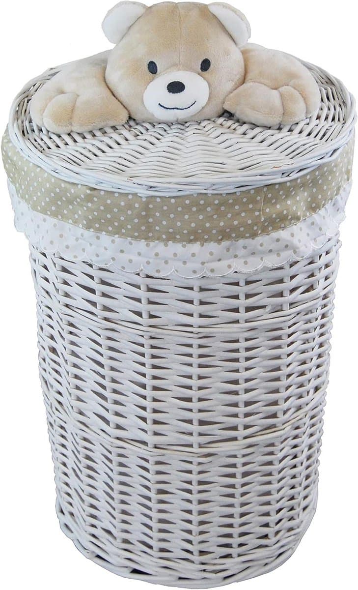 Wasmand Wilgentenen - Wasbox Rond - Kleding Opbergen - Met Pluche Beer - 60 Liter - Wit — afbeelding 1