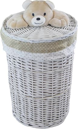 Wasmand Wilgentenen - Wasbox Rond - Kleding Opbergen - Met Pluche Beer - 60 Liter - Wit — thumbnail 1