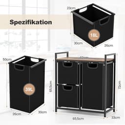 Wasmand met plank - Wasopberger - Sorteren van was - Drie vakken - 72 cm hoog - Zwart en bruin — thumbnail 2