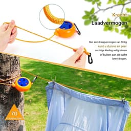 GELLDG Uittrekbare Wäscheleine - 10m Lengte, 70kg Draagvermogen, Roterend Opbergsysteem Zonder Verwarring - Geschikt voor Badkamer, Wasruimte, Tuin en Reizen - Nylon Touw met Kunststof Behuizing - Inclusief 20 Wasknijpers en 10 Bevestigingshaken — thumbnail 4