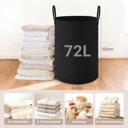 Wasmand, opbergmand, gevlochten mand, 72 l, grote ronde wasverzamelaar met katoenen handvat voor kinderkamer, mand voor dekens en speelgoed voor woonkamer of wasruimte, zwart — thumbnail 2