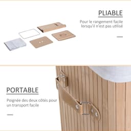 Wasmand, opvouwbare bamboe wasmand met deksel, voorzien van uitneembare binnenzak en 3 PU-handgrepen, afmetingen 40 x 30 x 60 cm (hoogte), beige — thumbnail 5
