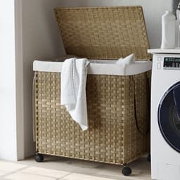 Wasmand Rotan - Wasopberger - Kleding Sorteren - Met Wieltjes - 60 cm Hoog - Bruin — thumbnail 1