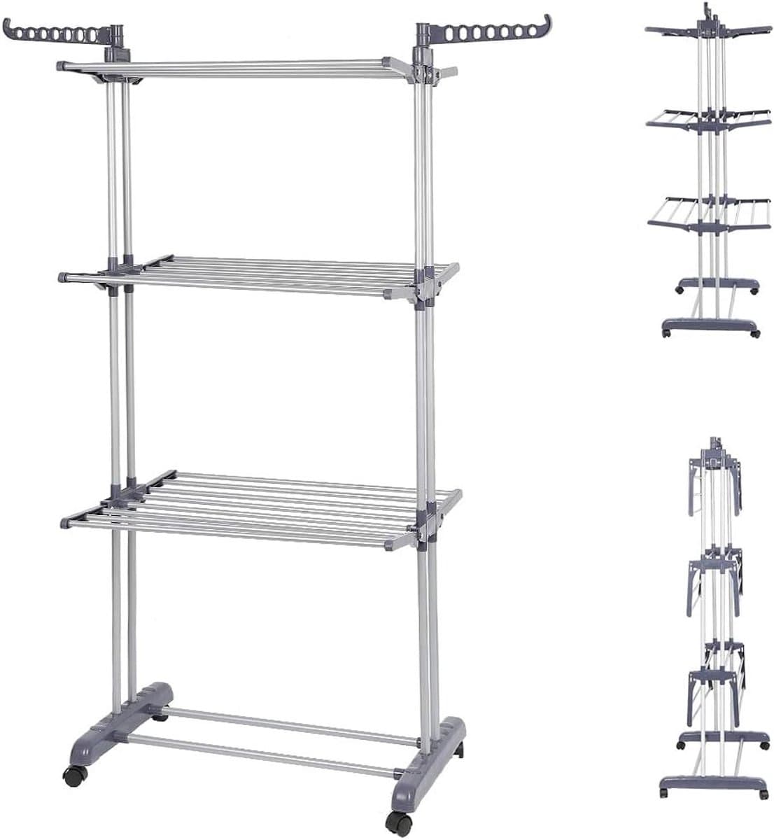Opklapbaar Droogrek - Wasdroger Toren - Kleding Drogen - 3 Etages Vleugels - 75x49x170 cm - Grijs — afbeelding 1