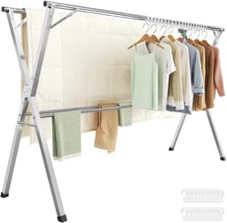 LUMÈ STORE Droogrek Inklapbaar – Uitschuifbaar Wasrek 133-200 cm – Staand Kledingrek – RVS Metaal – 50 kg Draagvermogen - Zilver — thumbnail 1