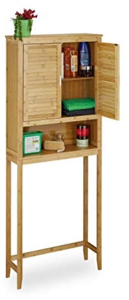 Bamboe wasmachinekast met lamellendeuren en planken - Opbergoplossing voor badkamer — thumbnail 1